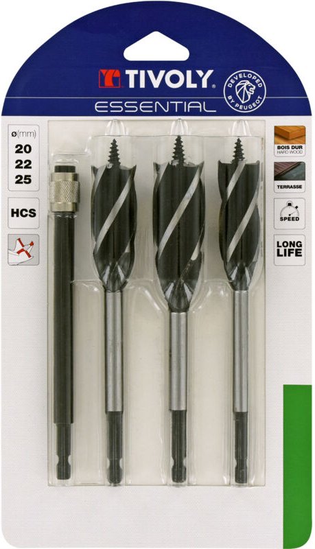 Set bestehend aus 4 Teilen – 3 Holzbohrer mit 4 Schneiden ø 20 bis 25 mm + 1 Verlängerung - Tivoly