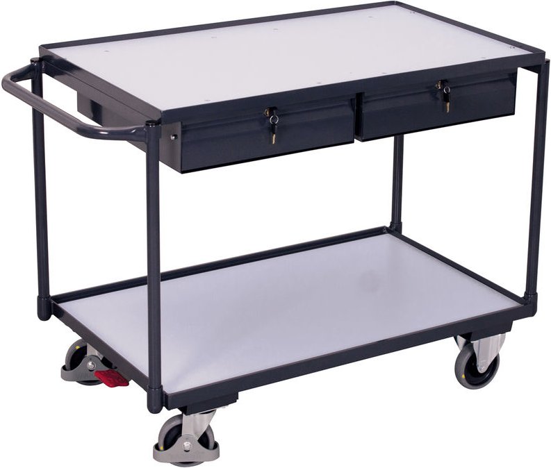 VARIOfit ESD Tischwagen mit Schiebegriff, 2 Schubladen und 2 Ladeflächen 985x595mm