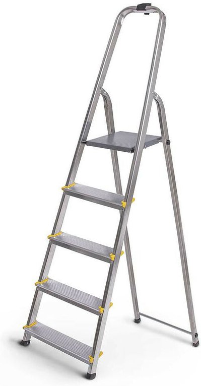 Stehleiter Dura 5 Sprossen aus Aluminium, leicht und zusammenklappbar, Antirutschbeschichtung, Plattformhöhe 97cm, Höchs...