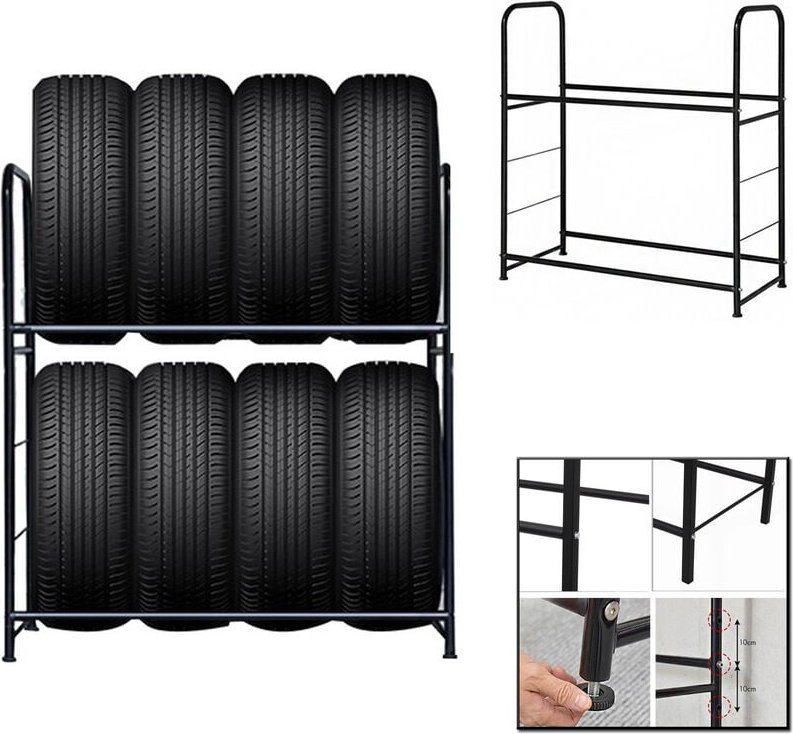 AUFUN höhenverstellbar Reifenregal Felgenregal Werkstattregal geeignet 8 Reifen, für Autoreifen(107x46x117cm, Schwarz)