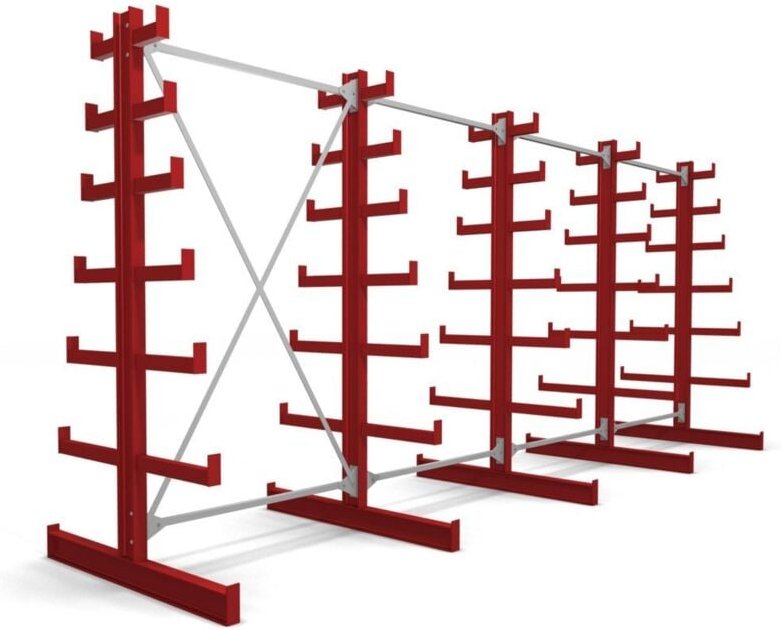 Kragarmregal doppelseitig 4 Felder mit 6 absteigenden Ebenen 5200x2000x500mm feuerrot - Stier