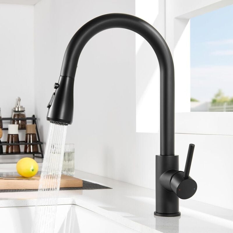 Schwarzer Küchenhahn, schwarzer Küchenmischhahn mit herunterziehbarem Sprüher mit 3 Sprühmodi, 360° drehbarer Küchenhahn...