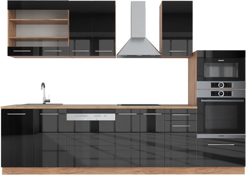 Vicco - Küchenzeile Fame-Line, Anthrazit Hochglanz/Goldkraft Eiche, 300 cm mit Hochschrank, ap Eiche