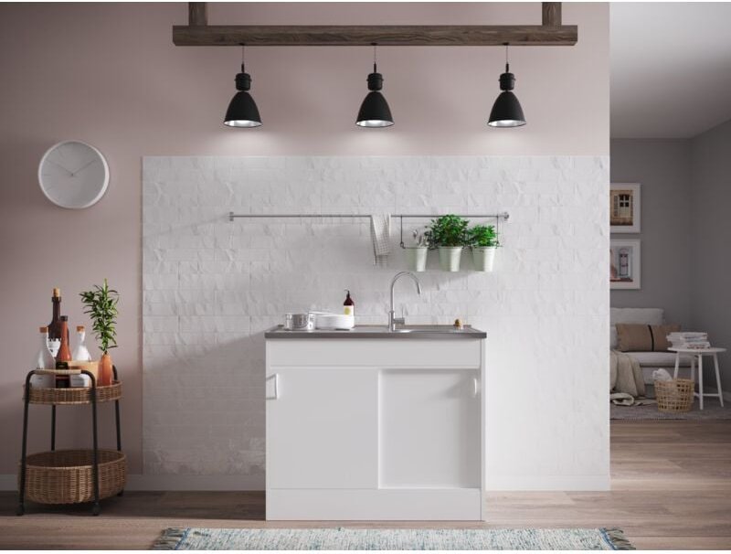 Komplettspüle Spüle Unterschrank mit Schiebetüren 100 x 60 cm Weiß Respekta