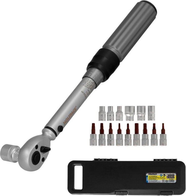 Wolfpack - Set Llave Dinamometrica 1/4' Con 9 Puntas Hexagonales y 5 Vasos.