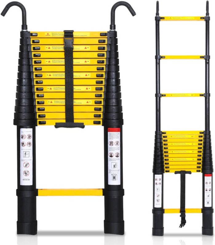 Thumbnail - SWANEW Teleskopleiter schwarz 3.8m Mit Haken Ausziehleiter bis 150kg Stabil Aluminium Anlegeleiter Multifunktionsleiter ...