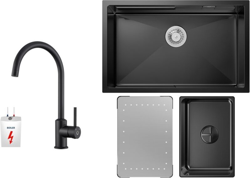 Küchenspüle 1.5 Becken 70x44cm EdelstahlSpüle Anthrazitschwarz Unterbauspüle + Niederdruck-Küchenarmatur Schwarz Hohe 43...