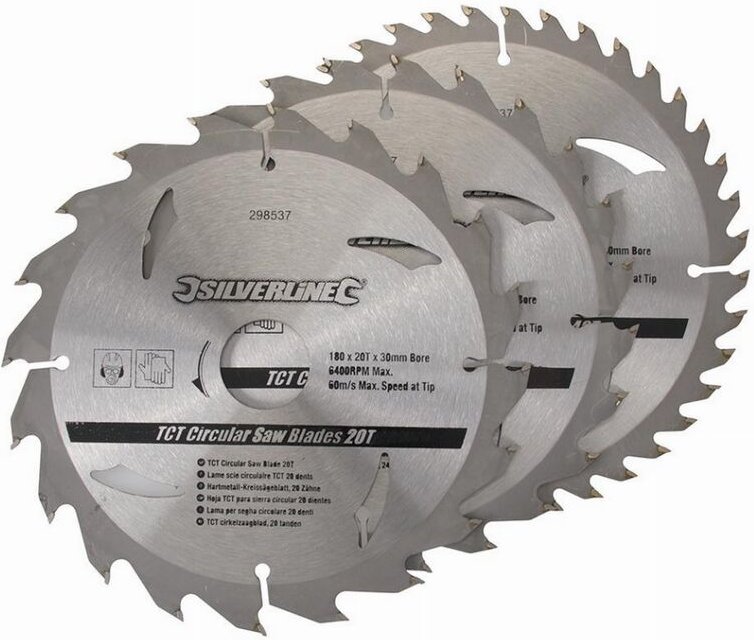 Silverline - Satz von 3 TCT-Sägeblättern Ø180 mm Bohrung 30 mm - 20, 24 und 40 Zähne - 298537