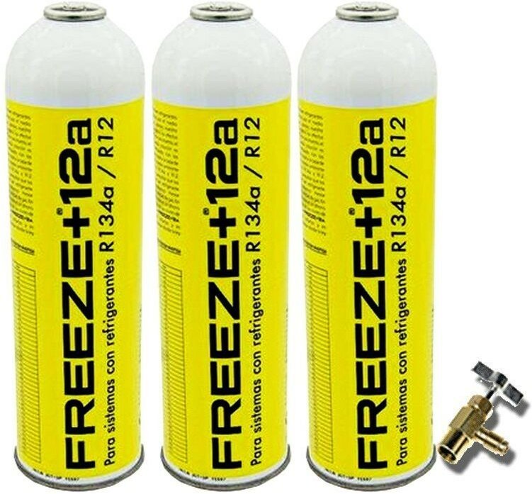3 Botellas Gas Ecologico Refrigerante Freeze +12a 420Gr + Valvula Organico Sustituto R12, R134A