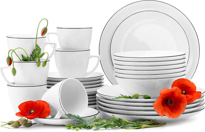 Konsimo - boss Kombiservice (30-tlg) 6 Personen Porzellan, Schwarzer Rand