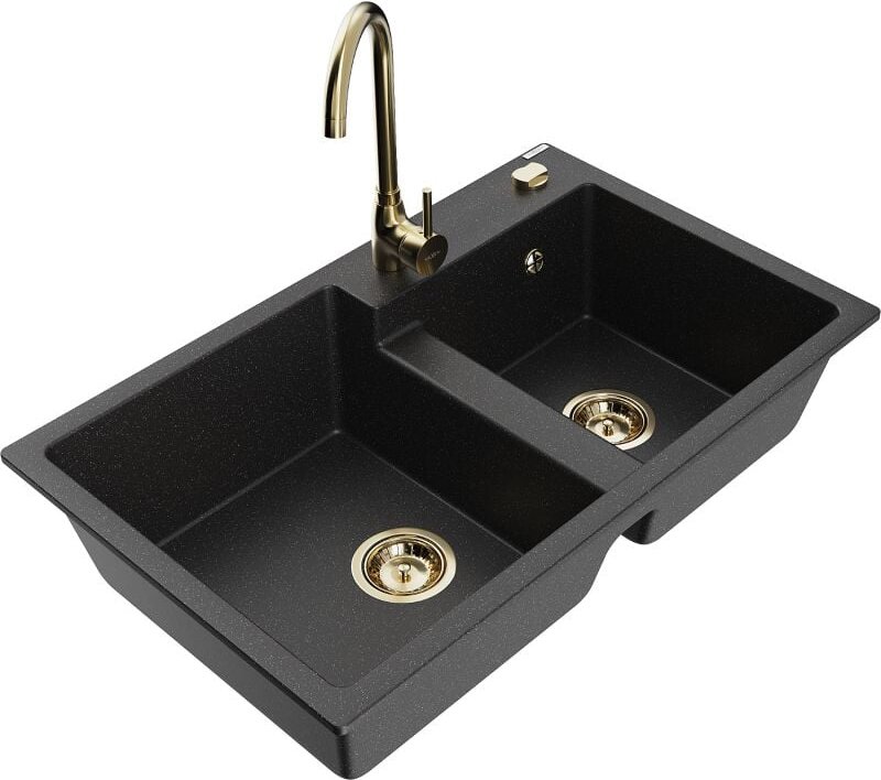 Tomas 2-Becken-Granitspüle mit Mischbatterie Telma, Schwarz/Silbermetallic - 6516-73-670200-50 - Mexen
