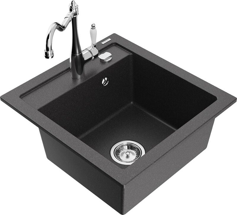 Vito 1-Becken-Granit-Spüle mit Mischbatterie Carla, Schwarz gesprenkelt - 6503-76-670700-00 - Mexen
