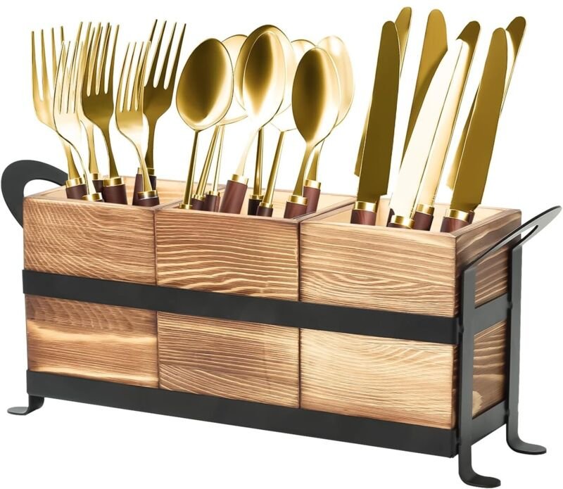 Aufbewahrungstopf für Küchenutensilien mit 3 Fächern, Besteckhalter aus Holz, Küchenutensilienhalter mit Eisenständer, T...