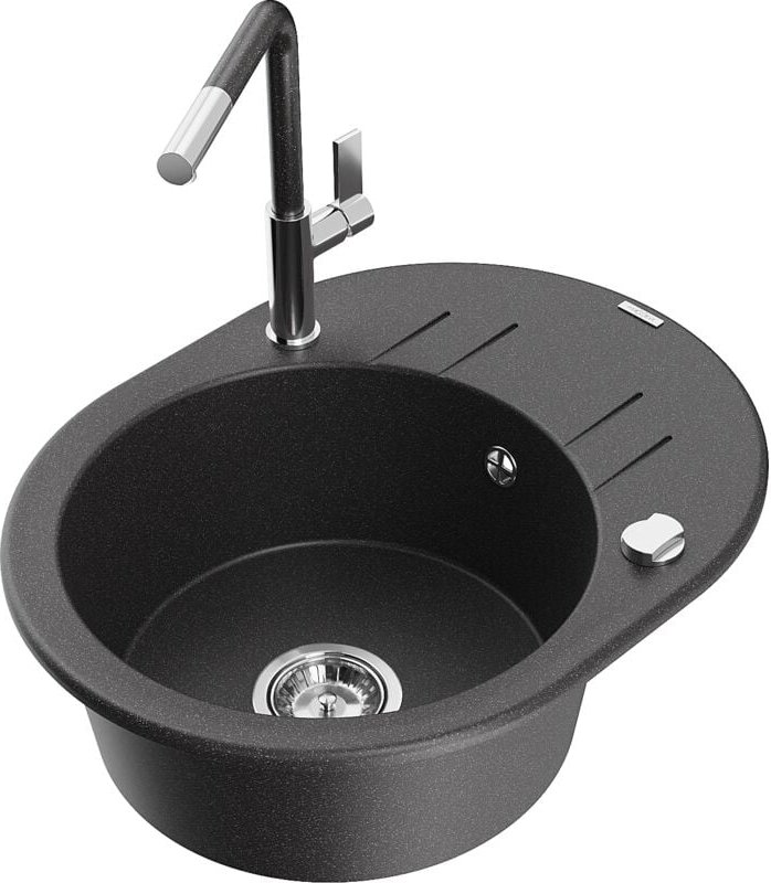 Kevin 1 Becken-Granitspüle mit Abtropffläche und Mischbatterie Flora, Schwarz gesprenkelt - 65 - Mexen