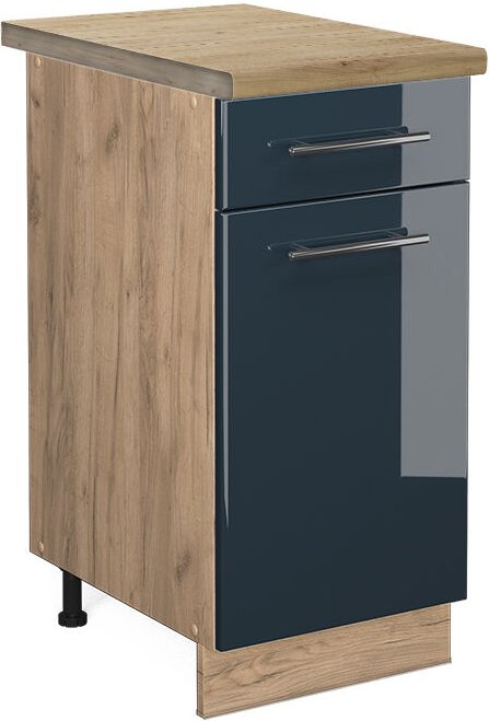Vicco - Küchenschränke Fame-Line, Dunkelblau Hochglanz, 40 cm , ap Eiche