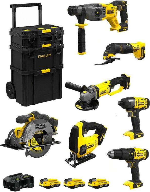 Stanley - FatMax Kit SVK708 (SFMCH900 + SFMCG400 + SFMCD711 + SFMCF800 + SFMCS500 + SFMCS600 + SFMCE500 +3x2,0Ah+Ladeger...