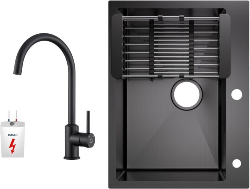 Cecipa Max - Küchenspüle aus Edelstahl 60x45cm Aufsatzwaschbecken Anthrazitschwarz + Niederdruck-Küchenarmatur Schwarz H...