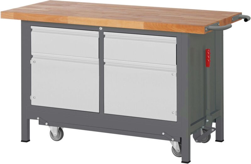 Werkbank Premium mit abs. Fahrgestell, 2 Schubladen und 2 Flügeltüren BxTxH 1500x700x880 mm - Stier