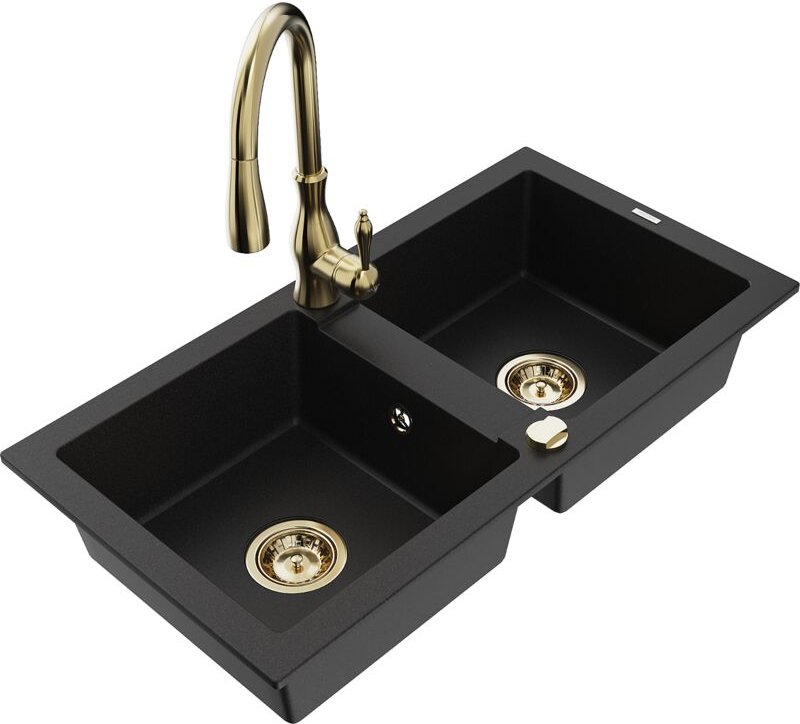 Mario 2-Becken-Granitspüle mit Mischbatterie Savita, Schwarz - 6504-77-672601-50 - Mexen