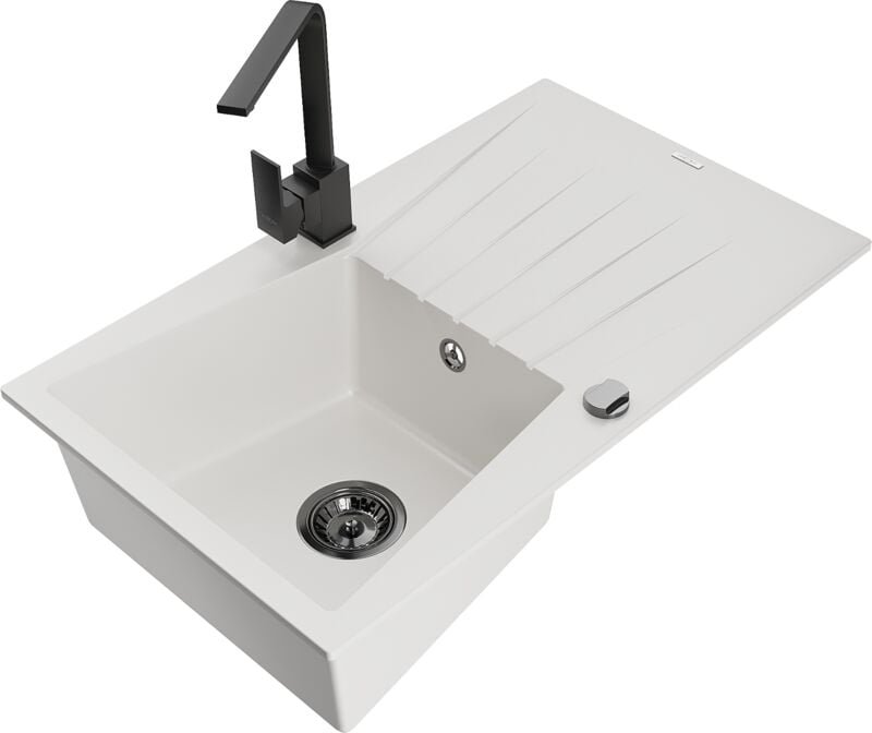 Cesar 1 Becken-Granitspüle mit Abtropffläche und Mischbatterie Rita, Weiß - 6514-20-670300-70 - Mexen