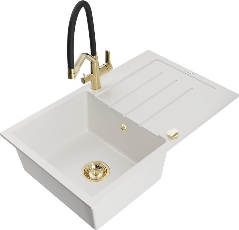 Bruno 1 Becken-Granitspüle mit Abtropffläche und Mischbatterie Duo, Weiß - 6513-20-671701-57-G - Mexen