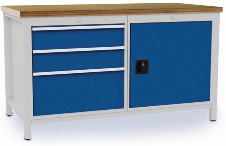Werkbank signalblau lichtgrau B1500xH859xT750mm Buche Multipl.40mm 3 Schub.1 Tür