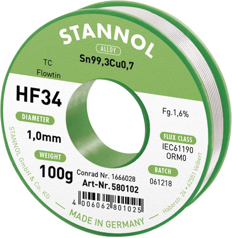 Stannol - HF34 1,6% 1,0MM flowtin tc cd 100G Lötzinn, bleifrei Spule, bleifrei Sn99,3Cu0,7 ORM0 100 g