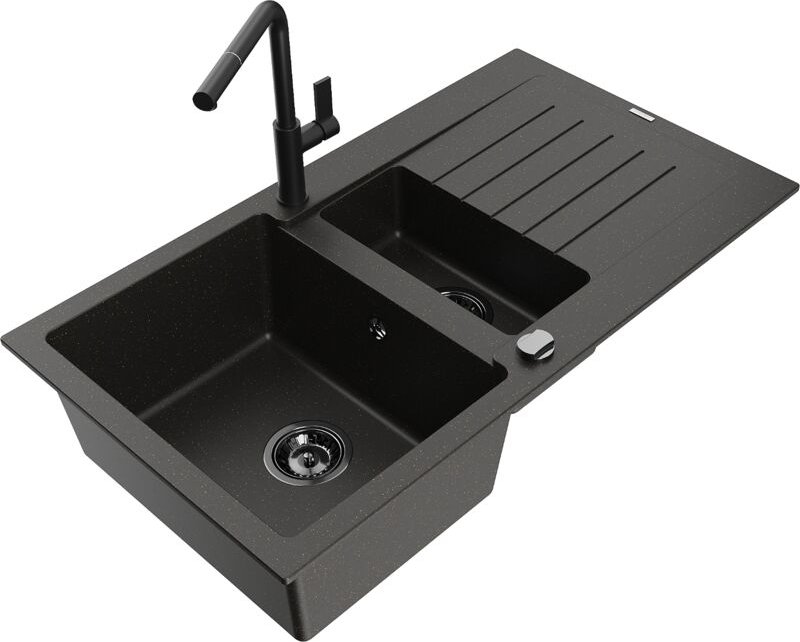 Matias 1,5-Becken-Granitspüle mit Abtropffläche und Mischbatterie Flora, Schwarz/Gold - 6502-7 - Mexen