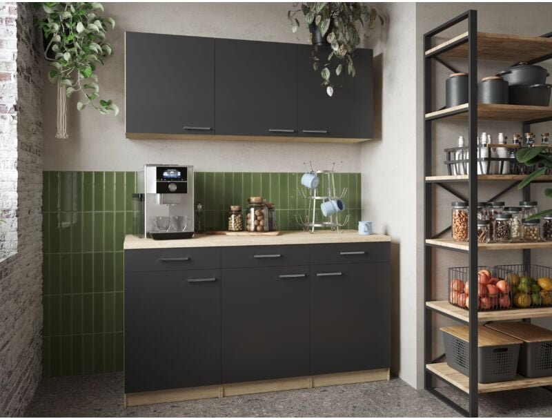 Thumbnail - Küchenschrank Hängeschrank 150 cm Eiche Sägerau Schwarz Merle Respekta