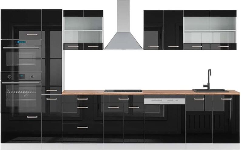 Vicco - Küchenzeile R-Line, Schwarz Hochglanz/Weiß, 350 cm mit Hochschrank, ap Eiche
