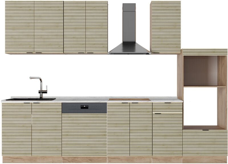 Thumbnail - Vicco - Küchenzeile Fame-Line, Eiche Paneel/Goldkraft Eiche, 300 cm mit Hochschrank, ap Marmor