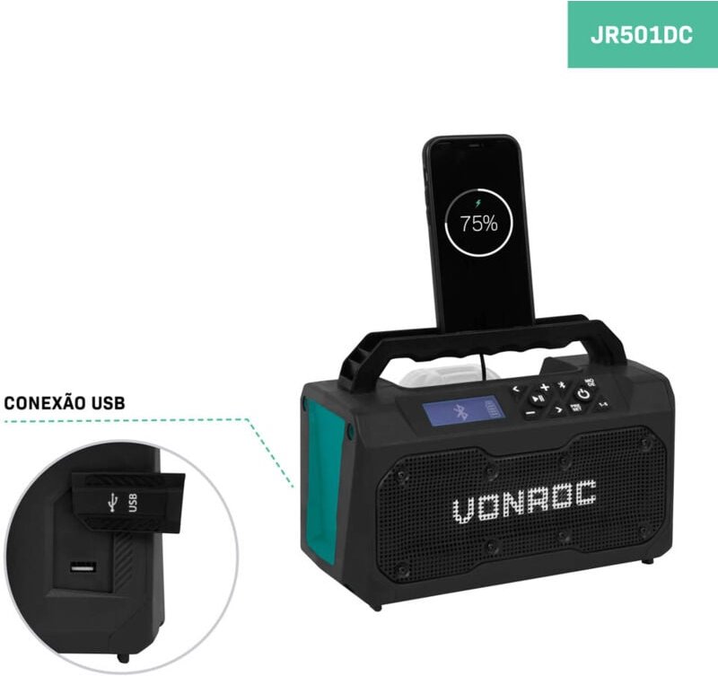 Baustellenradio 20V - fm, bluetooth & usb - Bassreflexportlautsprecher - Exkl. Akku und Schnellladegerät