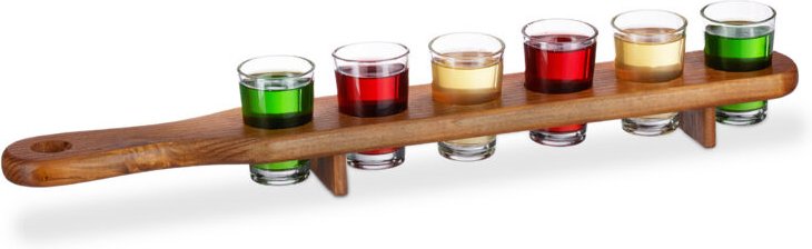 9 x Schnapsbrett Holz, 54 Schnapsgläser, 4 cl, praktische Schnapslatte, halber Meter, Geschenkidee, Shotbrett, braun