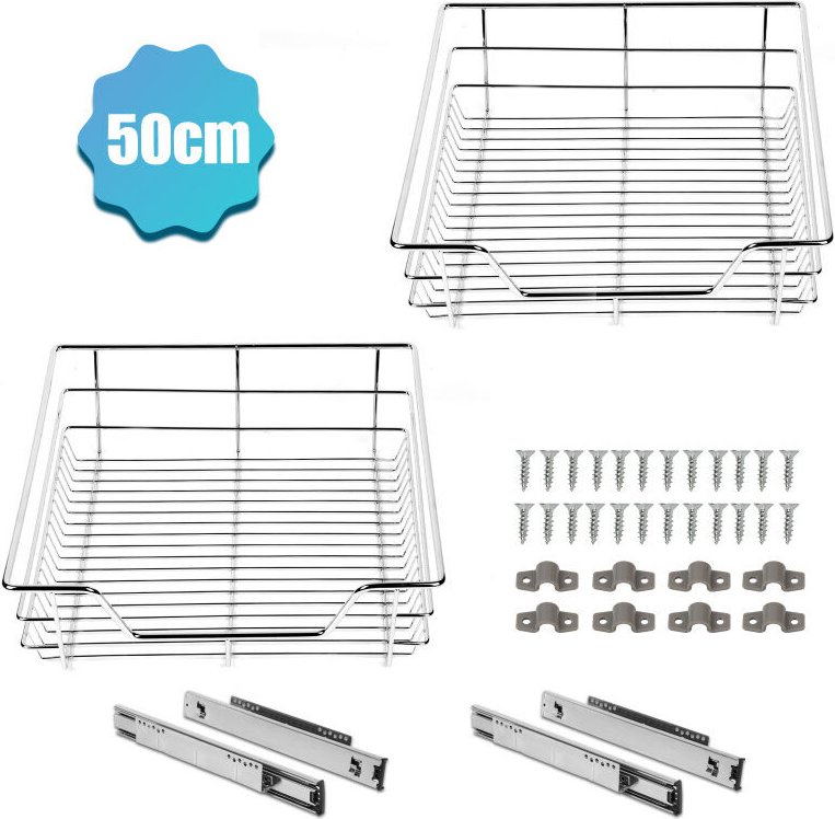 4X Küchenschublade Schrankauszug Korbauszug Teleskopschublade Vormontiert Verchromt Silber 50CM - Tolletour