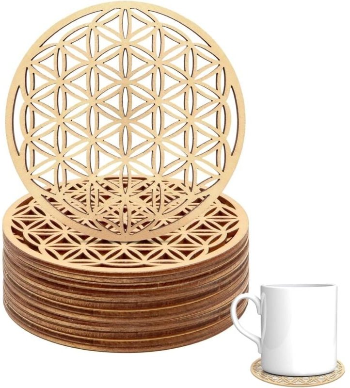 12er Set Blume des Lebens aus Holz zur Meditation (10 x 10 cm), Erste Untersetzer aus Birkenholz, Blume des Lebens Dekor...
