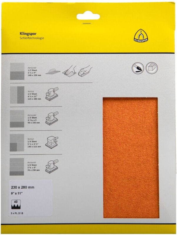 Klingspor - pl 31 b Bogen, 230 x 280 mm Korn 120, SB-verpackt im Reiter 5 Stk