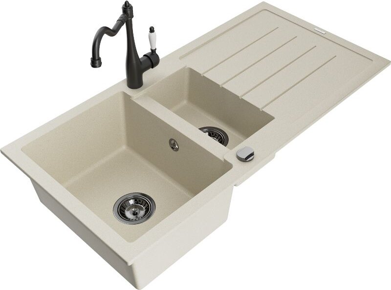 Mexen Andres 1,5-Becken-Granitspüle mit Abtropffläche und Mischbatterie Carla, Beige - 6515-69-670700-70