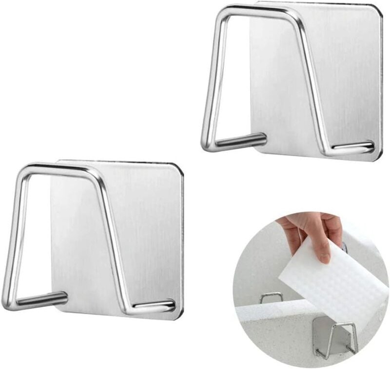 2 Stück selbstklebender Schwammhalter, 304 Edelstahl ohne Bohren, Schwammhalter für die Küchenspüle – Silber