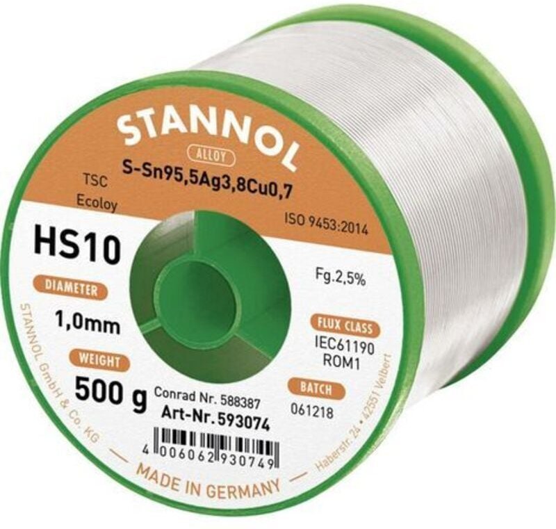 Stannol - HS10 2510 Lötzinn, bleifrei Spule Sn95,5Ag3,8Cu0,7 ROM1 500 g 1 mm