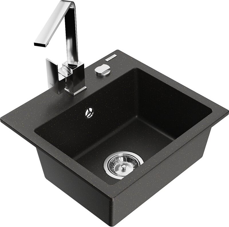 Mexen Milo 1-Becken-Granit-Spüle mit Mischbatterie Rita, Schwarz/Gold metallisch - 6505-75-670300-00