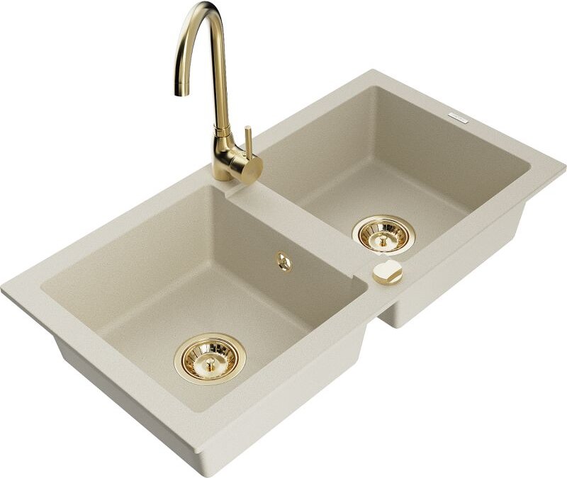 Mario 2-Becken-Granitspüle mit Mischbatterie Telma, Beige - 6504-69-670200-50 - Mexen