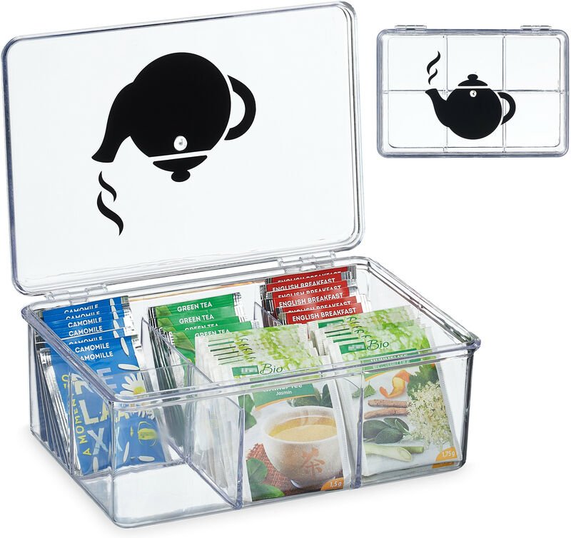 Relaxdays - Teebox, Kunststoff, 6 Fächer, Teekasten mit Deckel, hbt: 9 x 21,5 x 15 cm, Teebeutel Aufbewahrung, transpare...