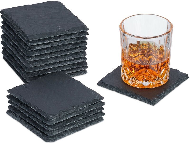 Relaxdays - Schiefer Untersetzer, 16er Set, eckige Glasuntersetzer, 10x10 cm, Raclette- & Getränkeuntersetzer, anthrazit