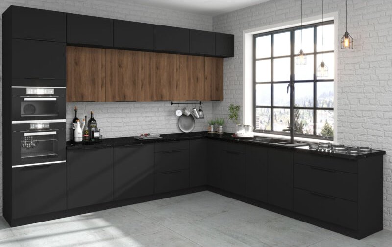 Eckküche -Set Linares & Iconica 330x300 cm mit Hängeschränken Schwarz und Braun - Furnix