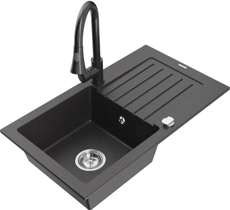 Pablo 1 Becken-Granitspüle mit Abtropffläche und Mischbatterie Elia, Schwarz gesprenkelt - 651 - Mexen