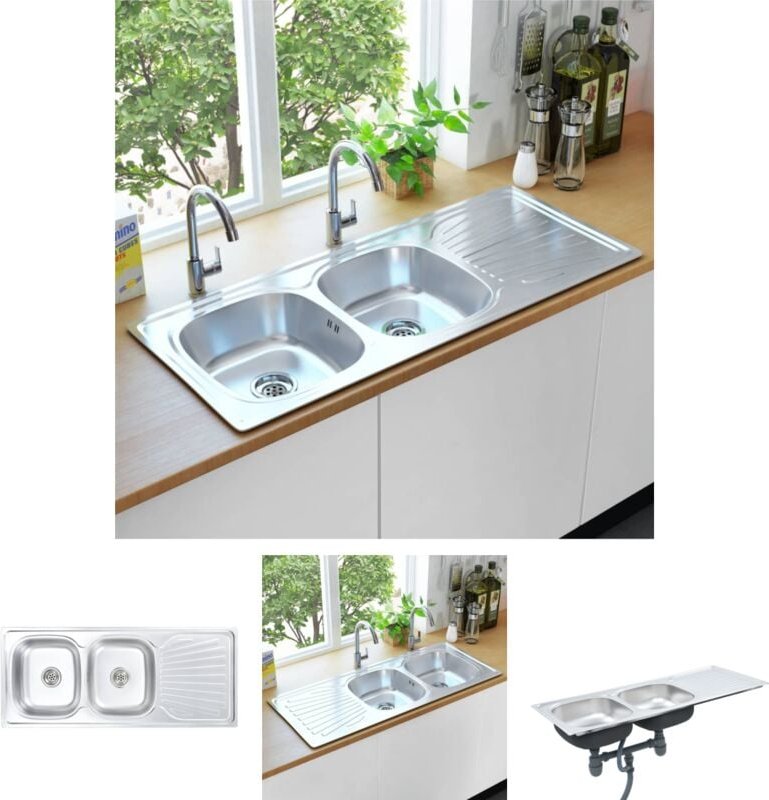 Thumbnail - The Living Store Küchenspüle Doppelbecken mit Sieb & Siphon Edelstahl - Küchenspülen & Spülbecken - Silber