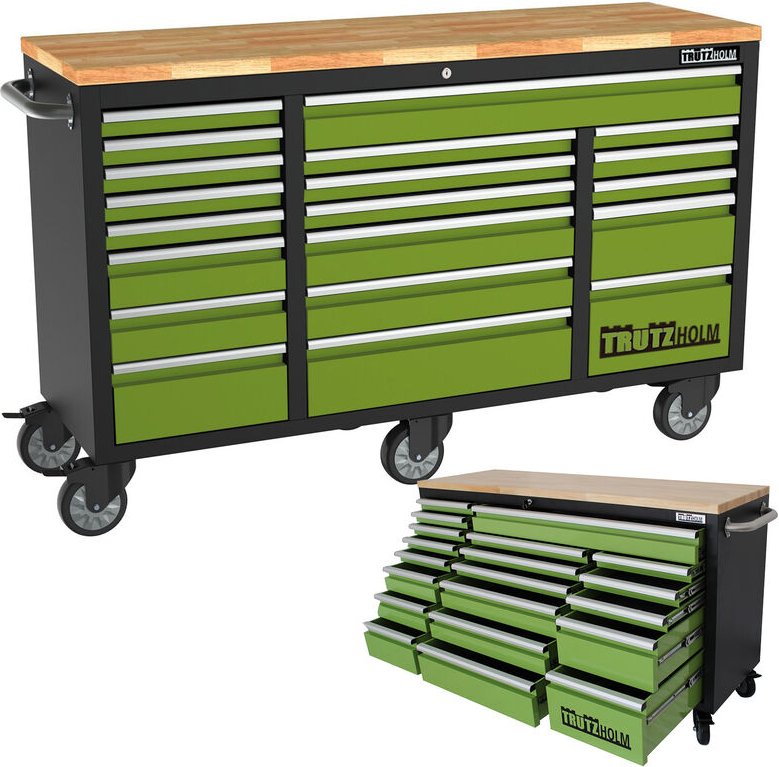 Baumarktplus - Werkstattwagen Deluxe xxl grün unbestückt 160x91 cm 20 Schubladen Werkbank Sideboard