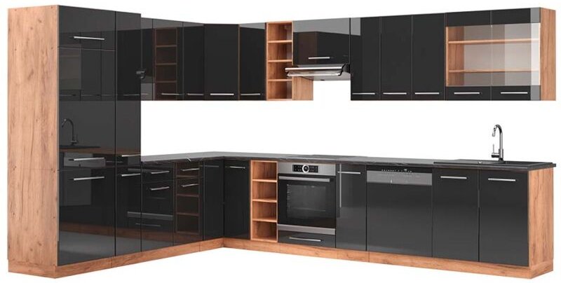 Vicco - Eckküche Fame-Line, Anthrazit Hochglanz/Goldkraft Eiche, 347 x 257 cm , ap Anthrazit