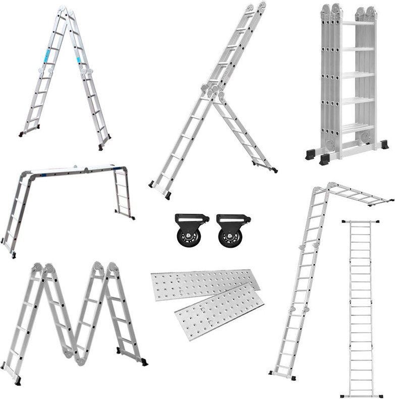 AUFUN Multifunktionsleiter Leiter Teleskopleiter mit 2 Bodentraversen 2 Gerüstplatten, Gesamtlänge 5,5m, Mehrzweckleiter...