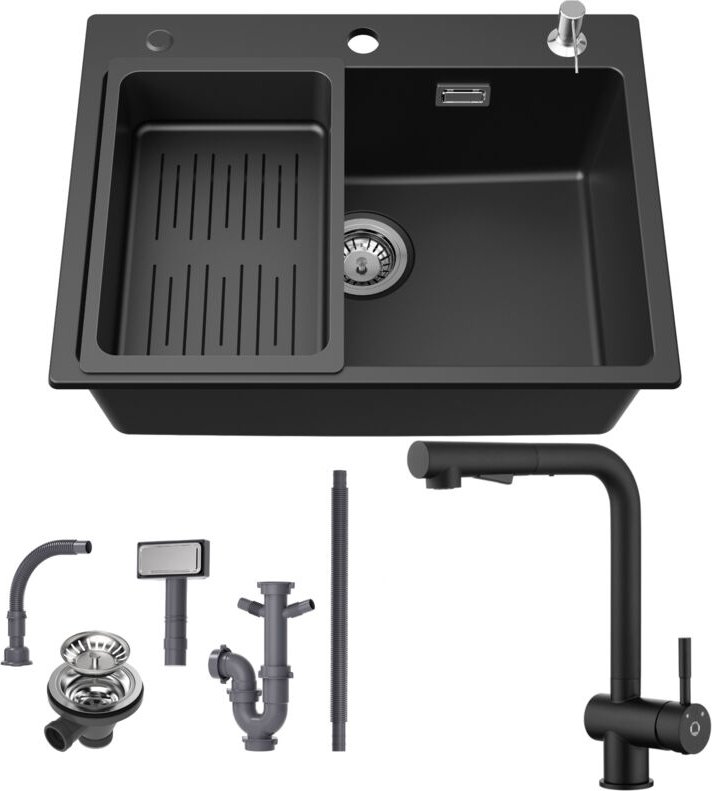 Thumbnail - Cecipa Max - Granitspüle 60×45 cm Küchenspüle Granit + Ausziehbare Küchenarmatur(Höhe 312mm), Aufsatz Spüle mit Abtropfk...